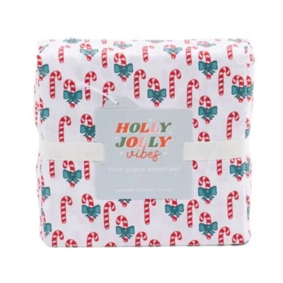 NWT HOLLY + JOLLY VIBES Multi Candy Cane Bows Sheet Set Size Queen - Picture 1 of 5